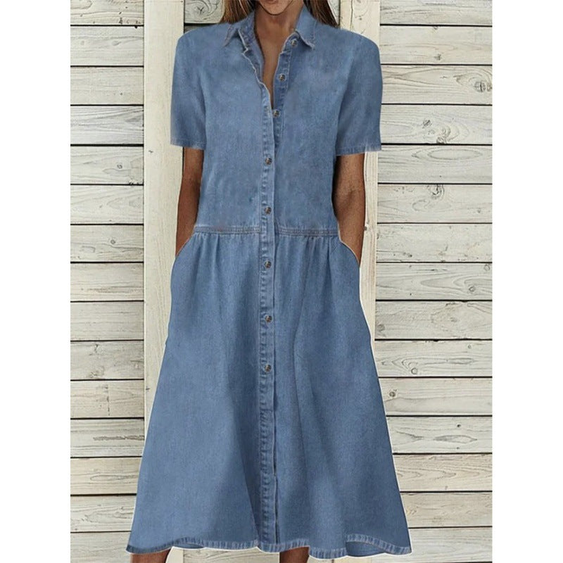 Dame Knap-Down Denim Midi Kjole Stilla