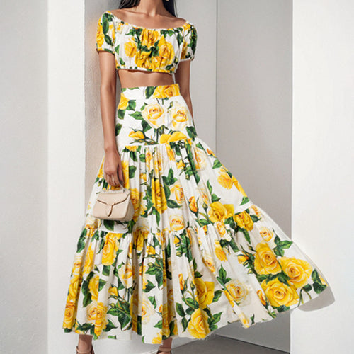 Dame To-delt Blomster-Sæt med let Crop-Top og voluminøs Nederdel Stilla