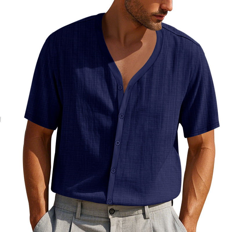 Herrer Kortsleeve Henley Skjorte med moderigtigt V-udskæring og struktureret design Stilla