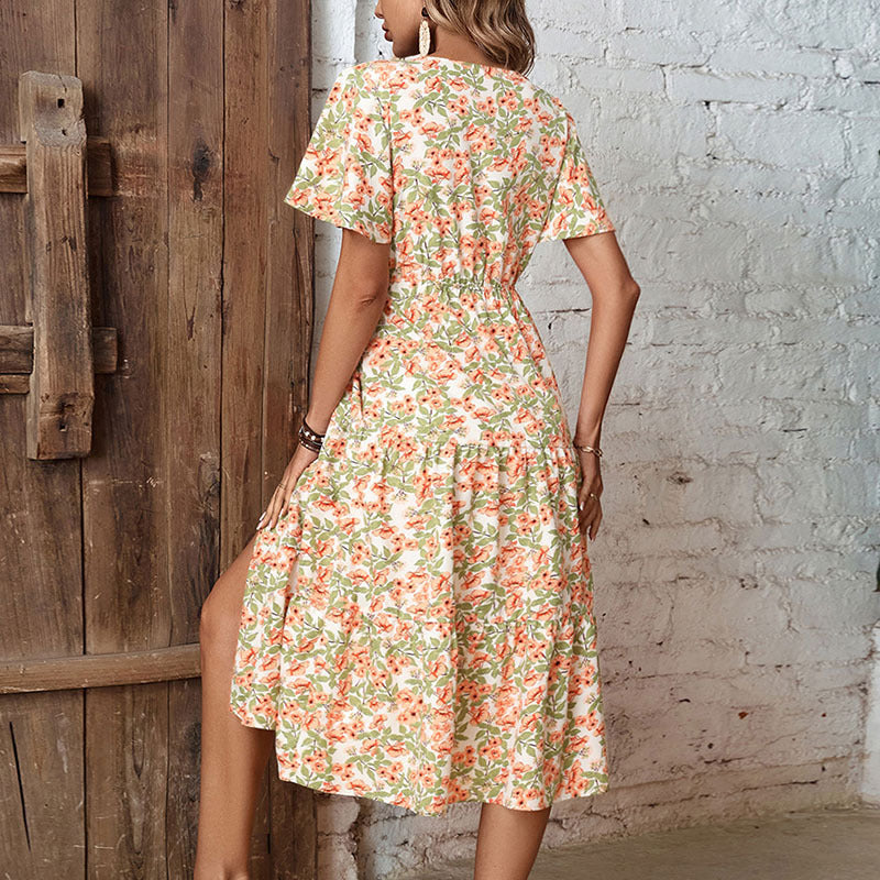 Dame Floral Print Maxi Kjole med Knaplukning og Side Slids Stilla