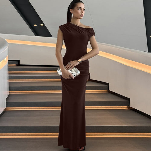 Damer Elegant Wrap Maxikjole med asymmetrisk skulderparti Skovae