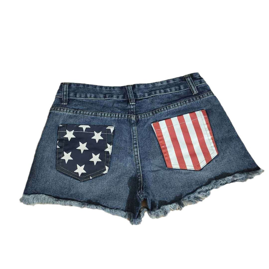 Dame Højtaljede Denim-Shorts med patriotiske detaljer og frynset kant Stilla