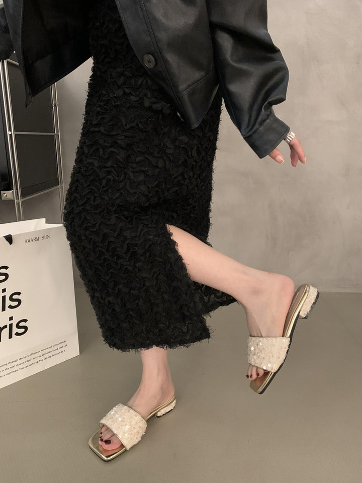Femme Sparkling Slide Heels med Chunky Glitter Remme Stilla