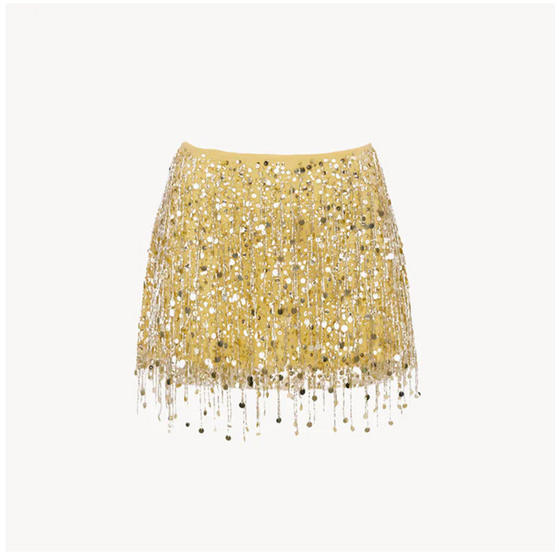 Dame Glitrende Crop-Top og Mini Skirt Sæt med Frynser Skovae