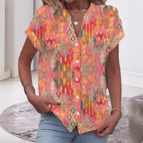 Dame kortærmet bluse med kunstnerisk Ikat-design Stilla