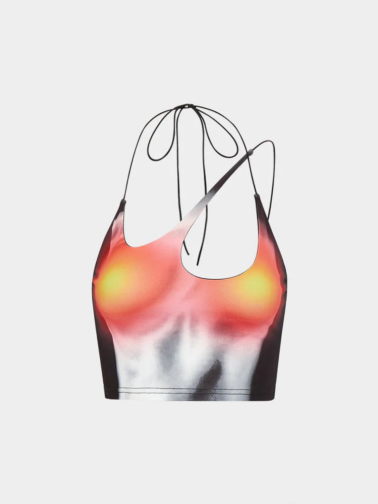 Dame Crop-Top med asymmetrisk stropdesign og livlig grafiktryk Skovae