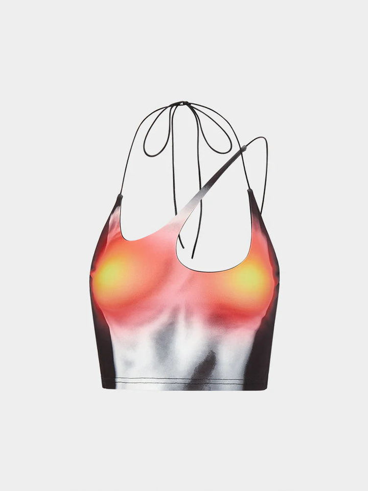 Dame Crop-Top med asymmetrisk stropdesign og livlig grafiktryk Skovae