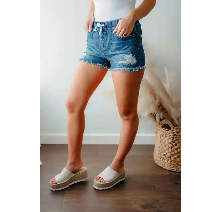 Femme Distressed Højthavede Denim Shorts med justerbart taljebånd Stilla