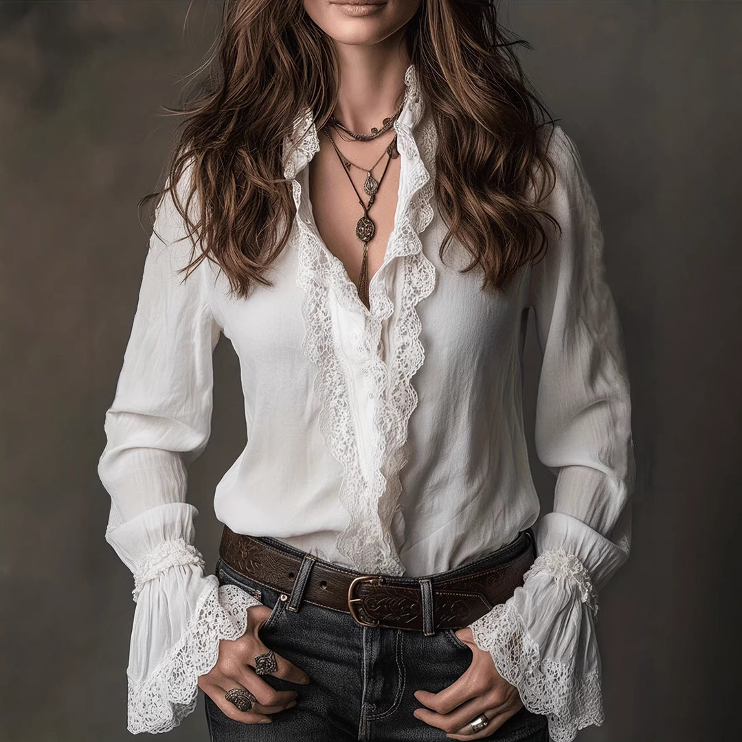 Dame elegant blouse med flæsedetaljer og blondebesætning Skovae