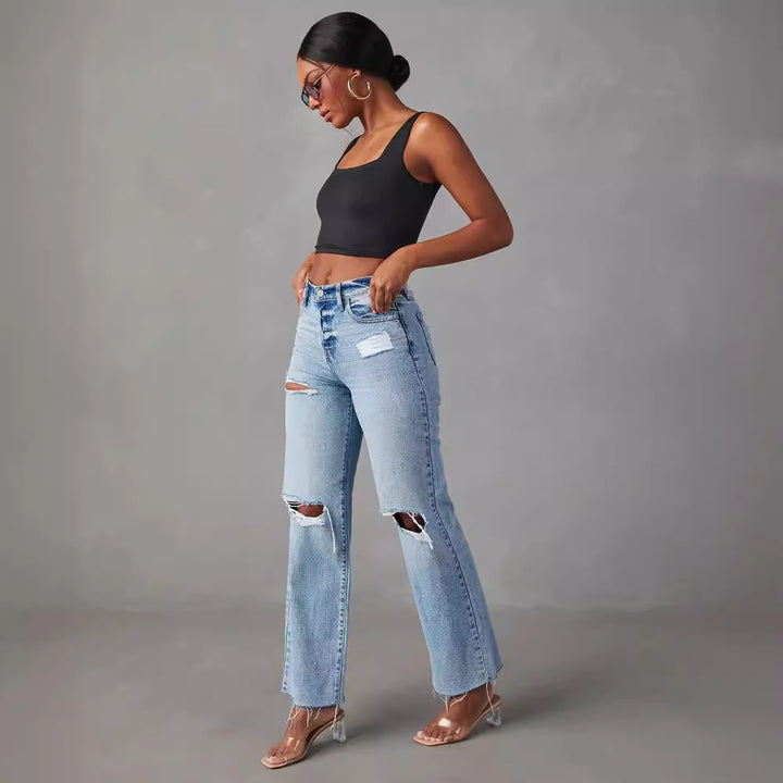 Dame High-Waist Ødelagte Jeans med frynset kant Stilla