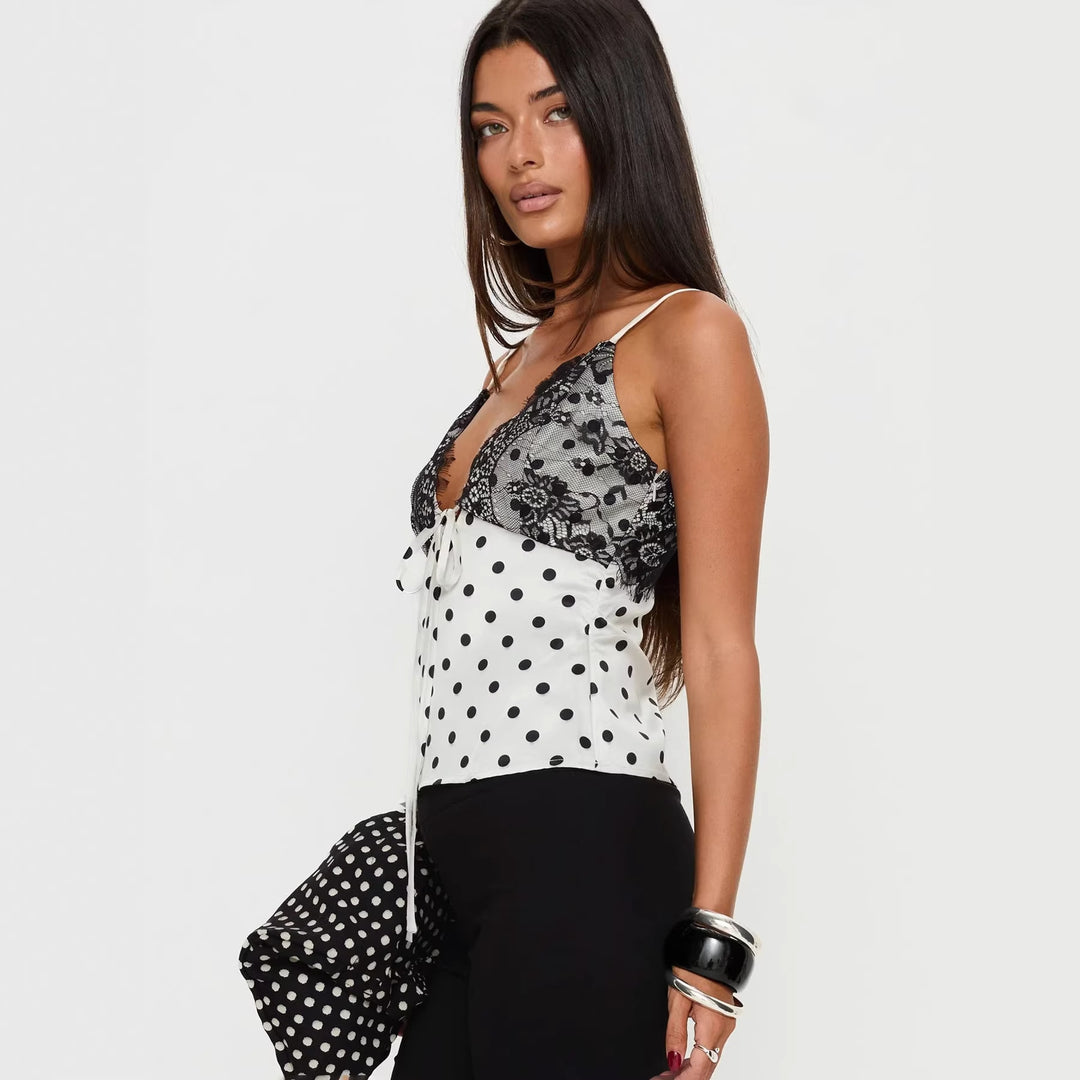 Dame Leger elegant spaghetti strap top med blonder og prikkemønster Skovae