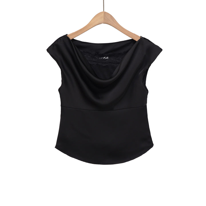 Dame elegant satinbluse med raffineret vandfaldsudskæring Skovae