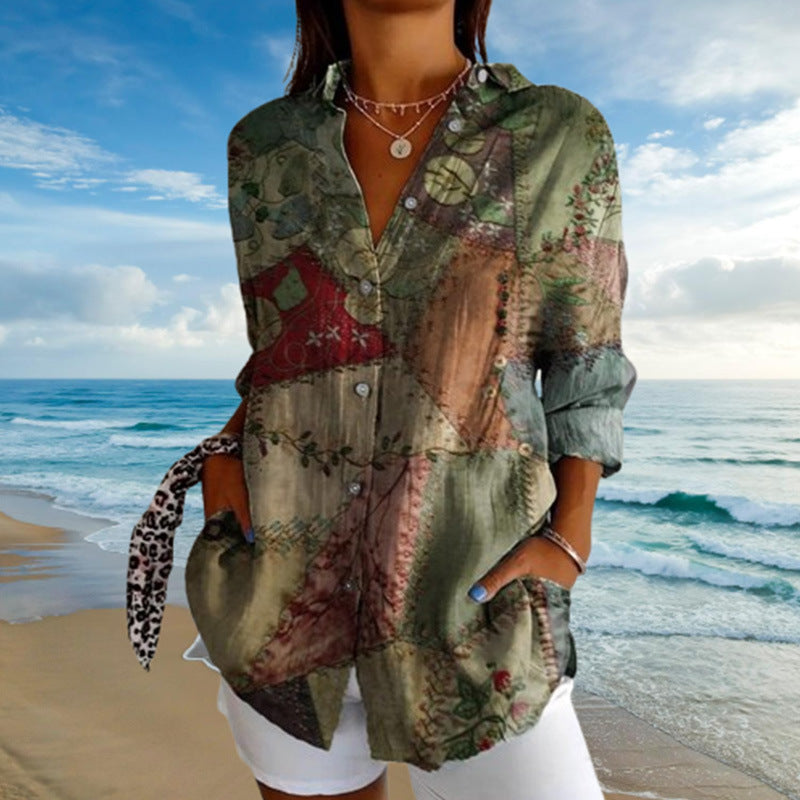 Dame Casual Skjortebluse med kreativt Patchwork-design Stilla