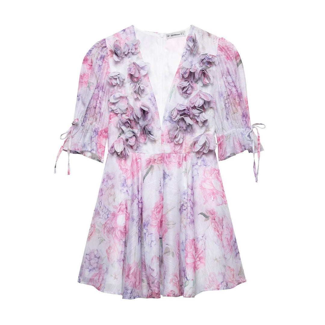Femme Floral Print Lagdelt Mini Kjole med Asymmetrisk Stropper Stilla
