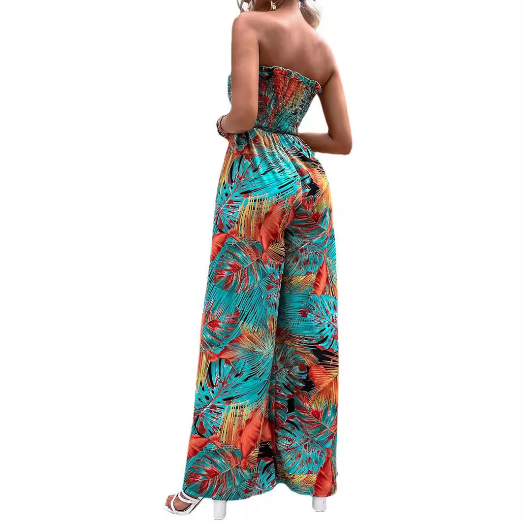 Dame Lang Jumpsuit med Blomsterprint og Elastisk Talje Stilla
