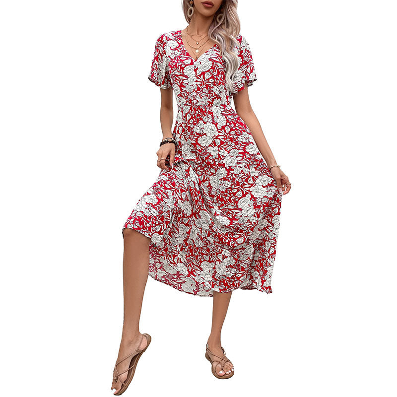 Dame Floral Print Midi-Kjole med V-Udskæring og korte Flatterærmer Stilla