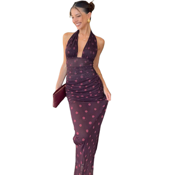 Dame Elegant Maxi kjole i Polka Dots design med dyb V-hals og figursyet silhuet Skovae