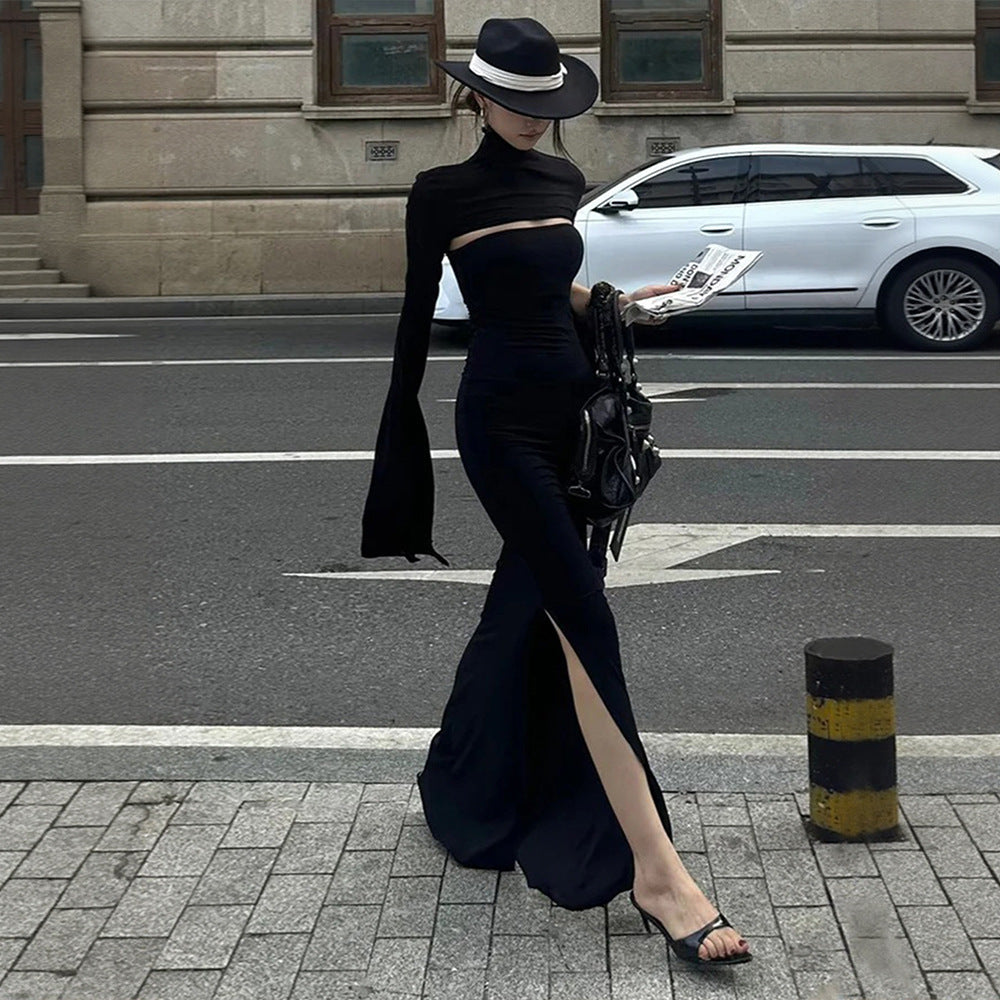 Kvinders maxikjole med asymmetrisk udskæring og elegante pufærmer Stilla