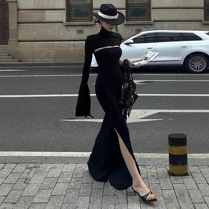 Kvinders maxikjole med asymmetrisk udskæring og elegante pufærmer Stilla