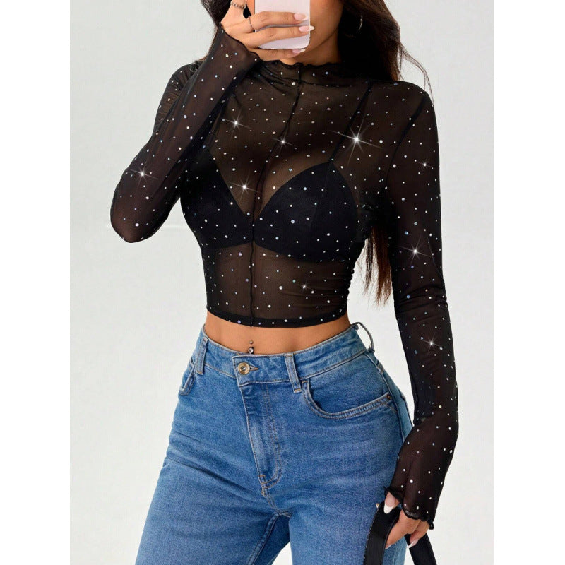 Damer Sexy Crop-Top i gennemsigtigt net med glitrende accenter Skovae