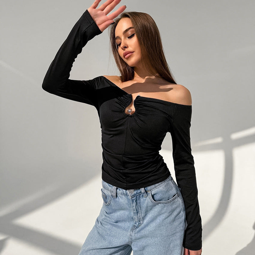 Damer Off-Shoulder Overdel med raffineret flæsedesign og perleformet knap Stilla