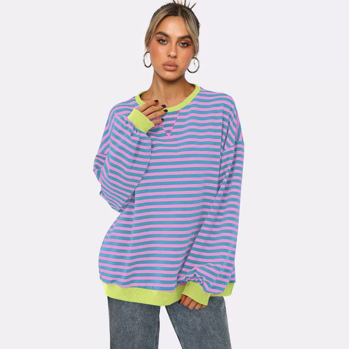 Dame Oversized Sweatshirt med stribet design og komfortable pufærmer Stilla