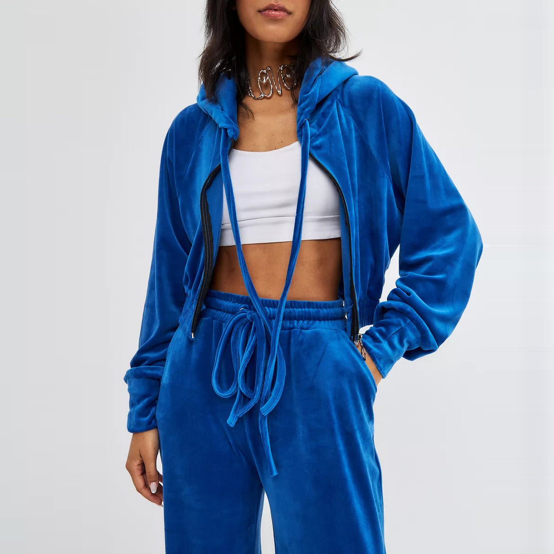 Dame fritids-velour sæt med figursyet hoodie og rummelige bukser Stilla