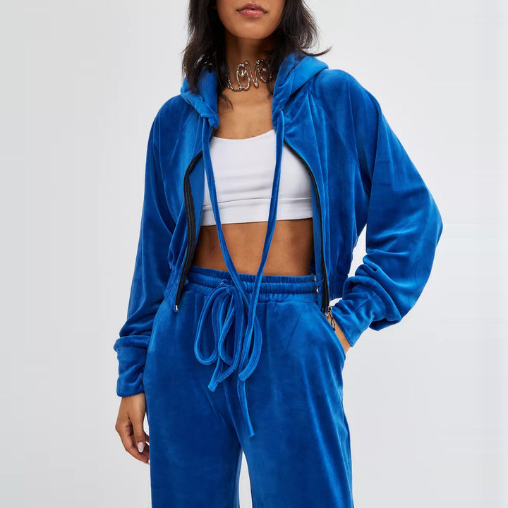 Dame fritids-velour sæt med figursyet hoodie og rummelige bukser Stilla