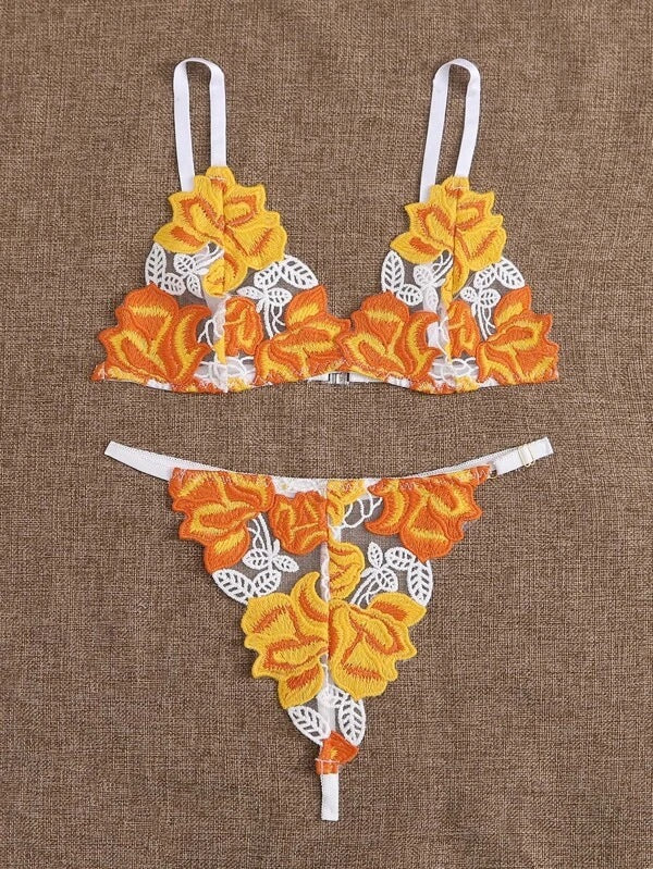 Dame Floral Broderet Bralette og String Sæt Stilla