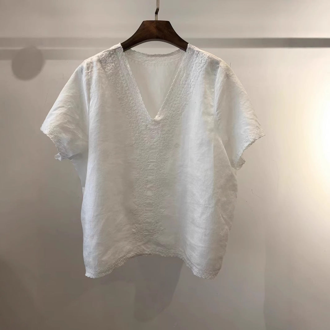 Femme Broderet V-Hals Bomuldsbluse Stilla