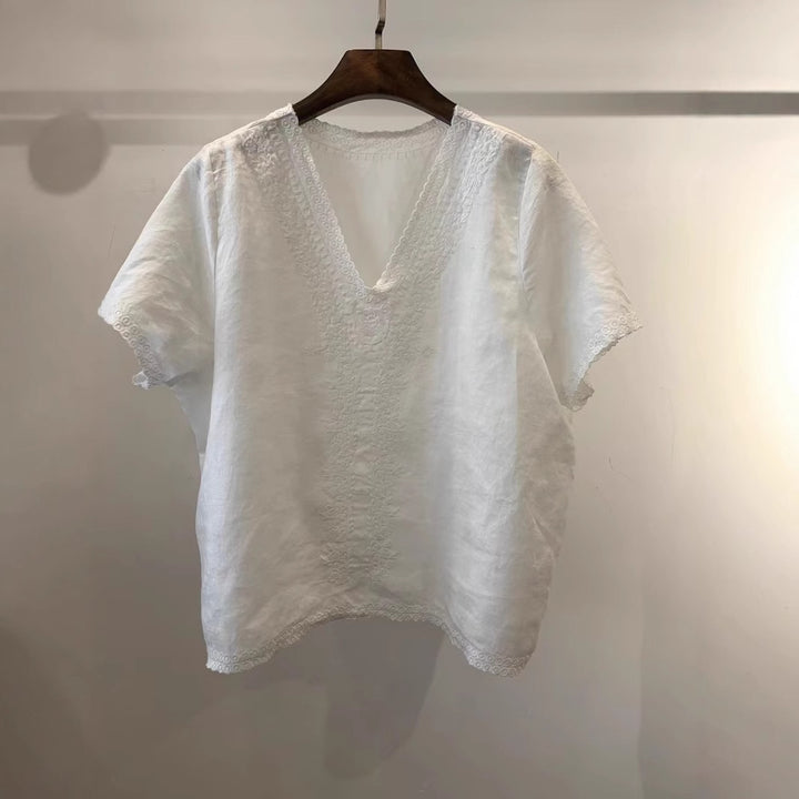 Femme Broderet V-Hals Bomuldsbluse Stilla