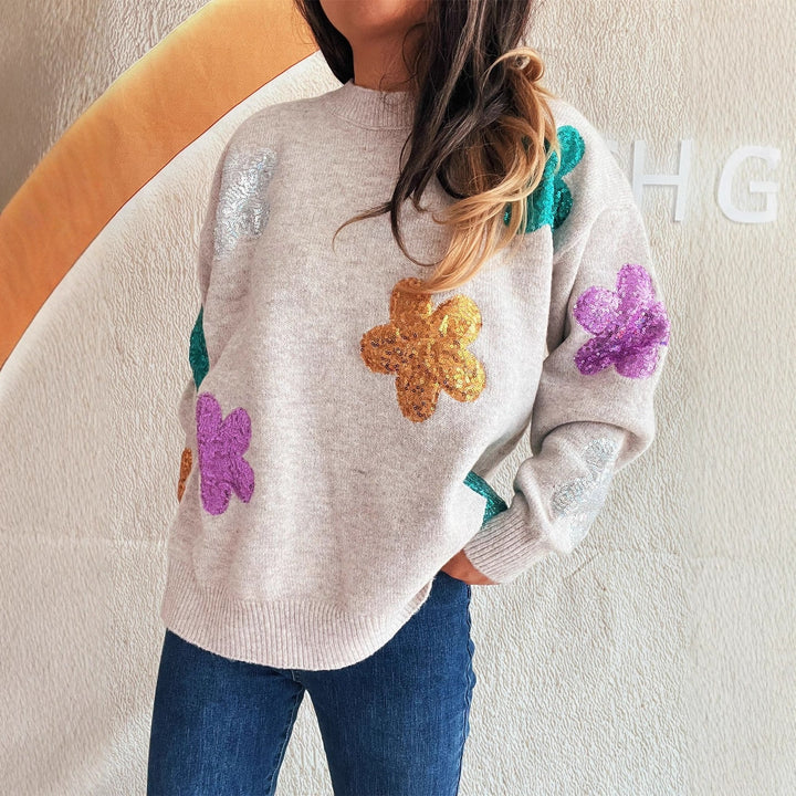 Kvinders sweater med farverige pailletblomster Stilla