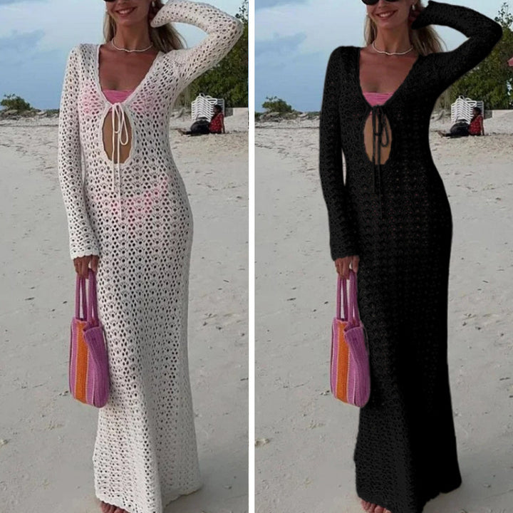 Dame Elegant hæklet strandkjole med dyb V-udskæring og luftig struktur Skovae