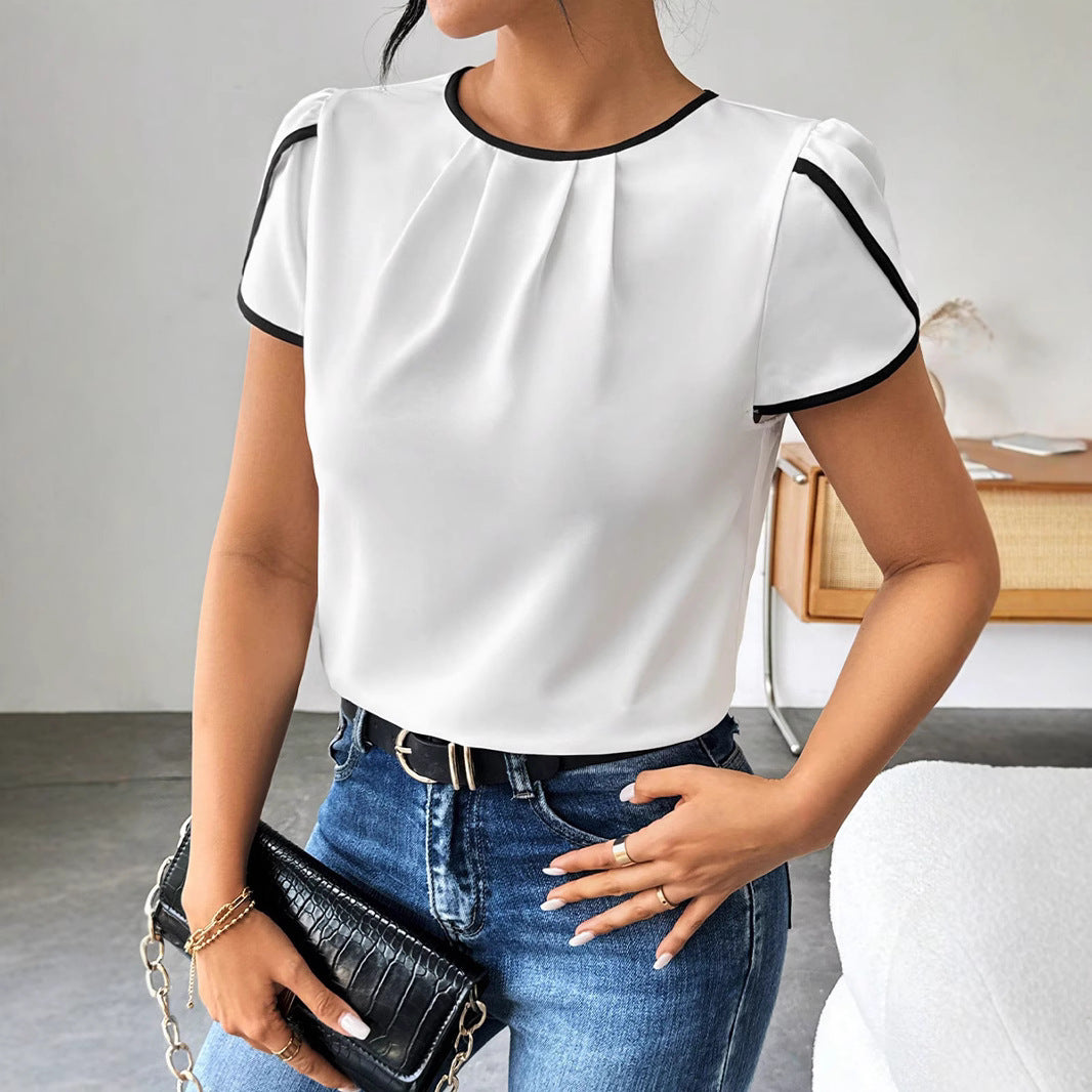 Dame elegant kortærmet bluse skjorte med moderne kontrastdetaljer Stilla