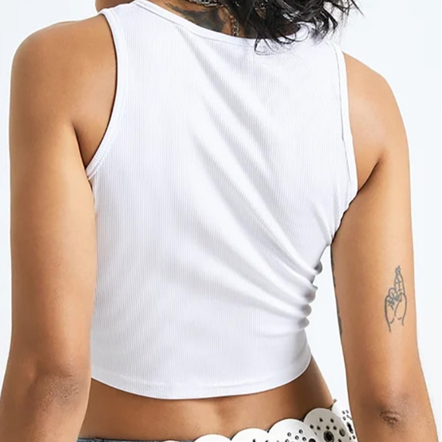Dame Crop-Top med kreativ fotoprint og figursmigrende snit Skovae