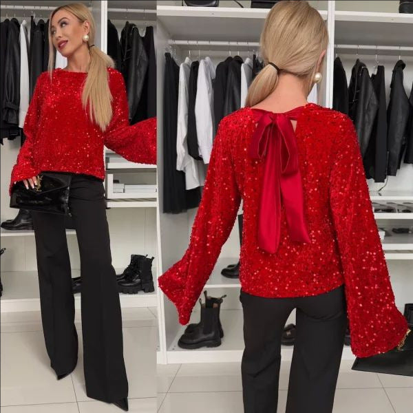 Dame Glitrende Paillet-bluse med vide ærmer Stilla