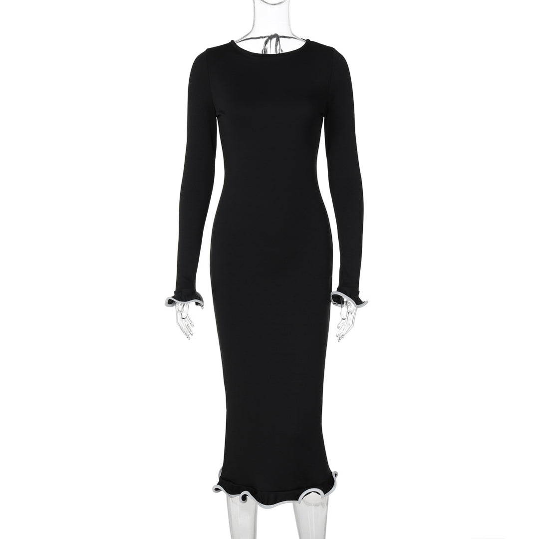 Dame Elegant Langærmet Kjole med Flæsedetaljer Stilla