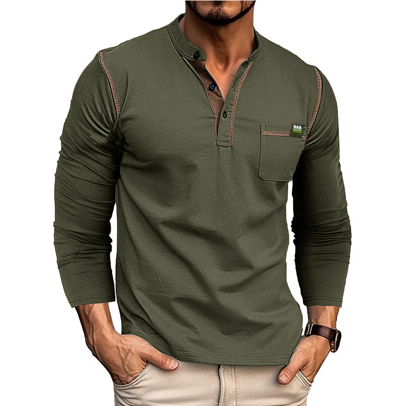 Herren Langærmet T-shirt med moderne krave og brystlomme Stilla