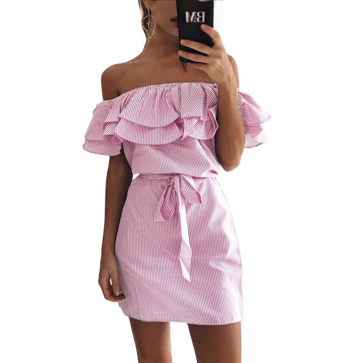 Dame Off-Shoulder Kjole med Flæser og Taljebælte Stilla