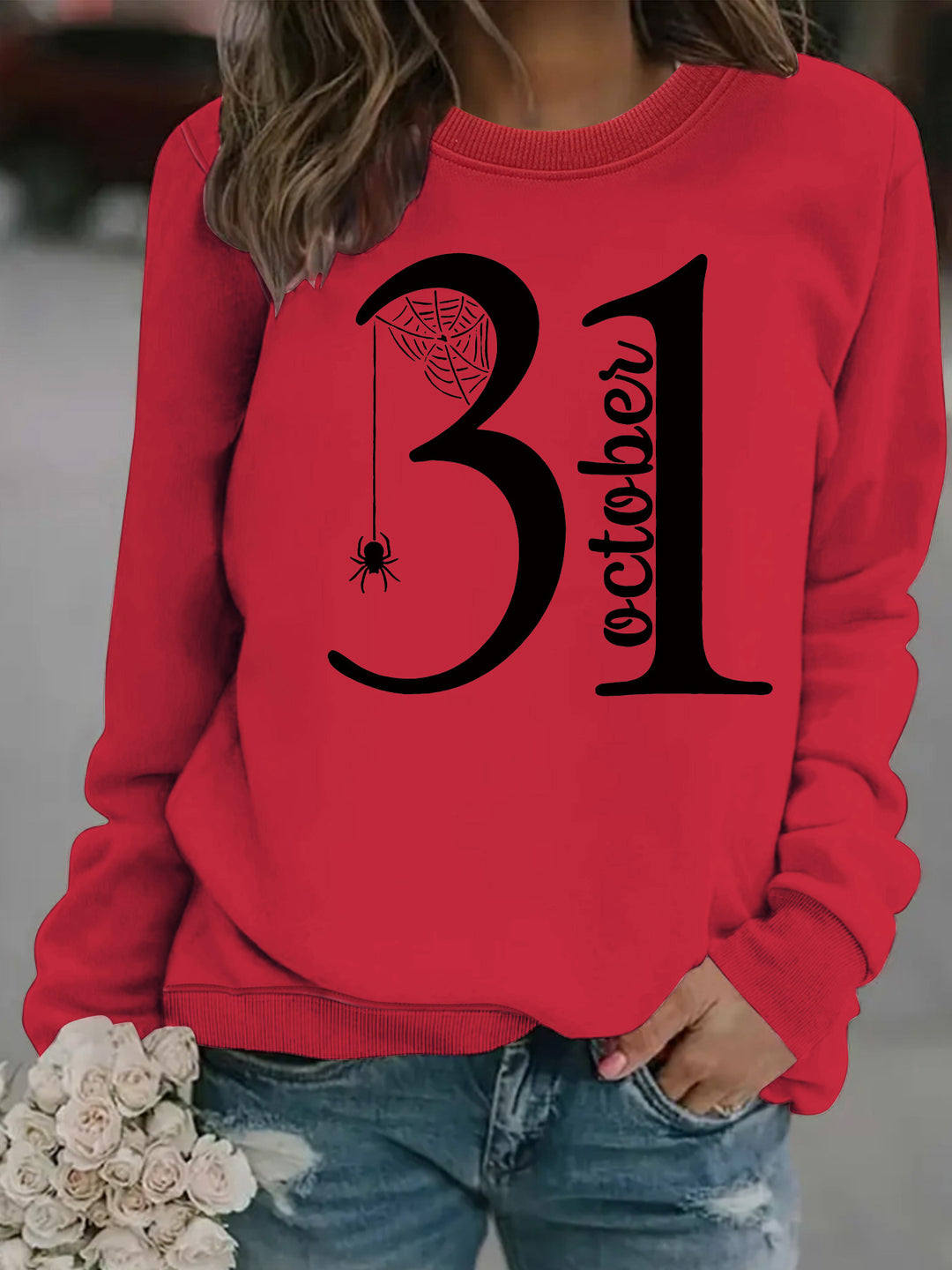 Kvindernes sweatshirt med kreativ Halloween-motiv og behagelig pasform Stilla