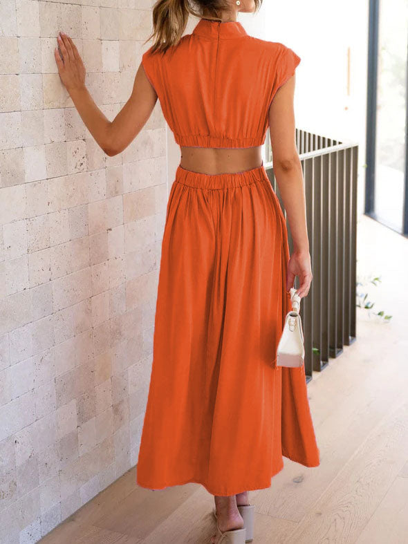 Stilla | Elegant O Hals Ærmeløs Udsnit Solid Maxi Kjole