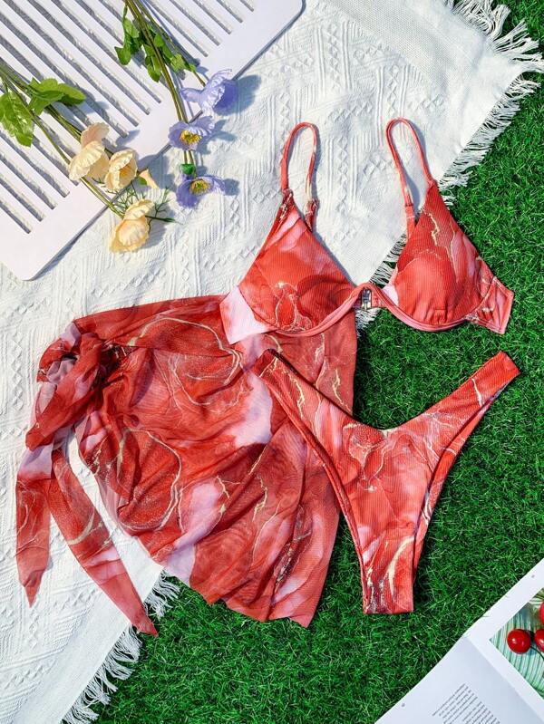 Dame Floral Print Bikini Sæt med matchende Wrap Skirt Stilla