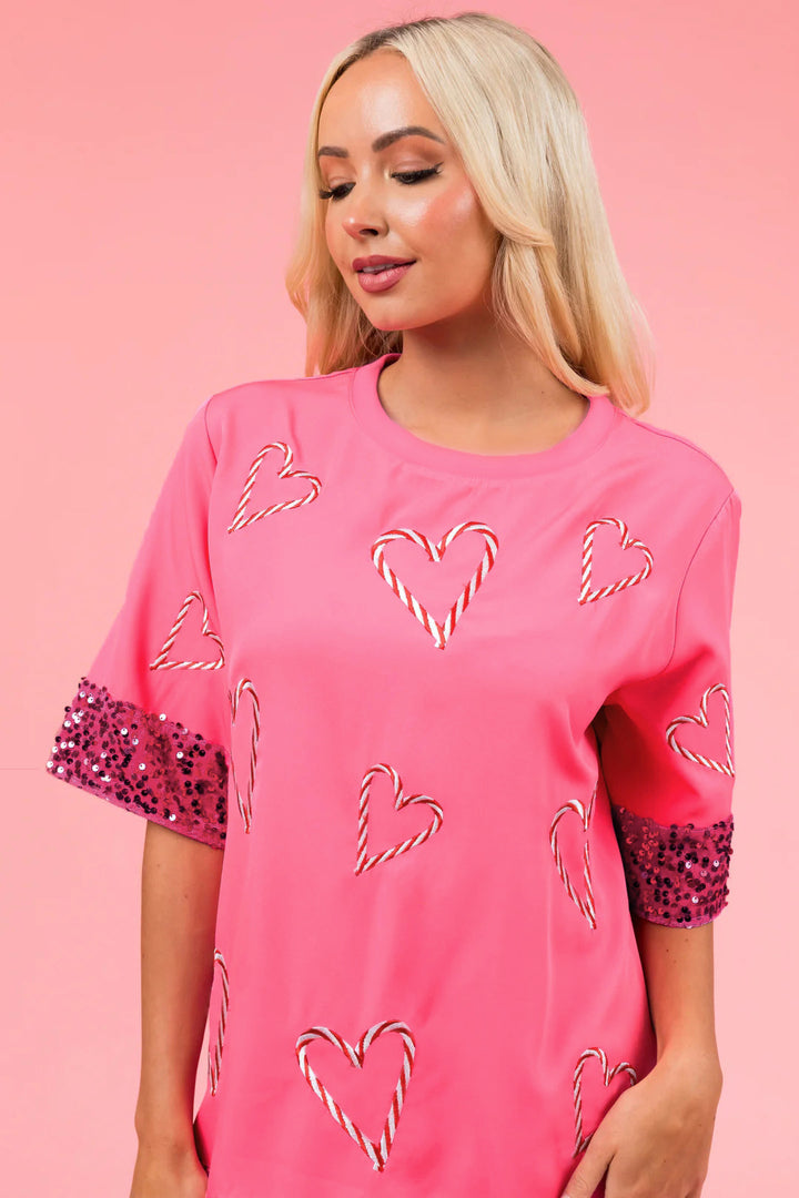 Dame Mode T-Shirt med glimmerdetaljer og hjerteapplikationer Stilla
