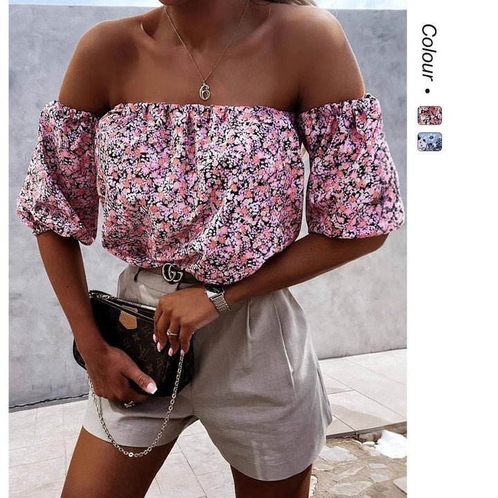 Ladies Off-Shoulder Blouse with Voluminous Puff Sleeves and Floral Pattern Skovae