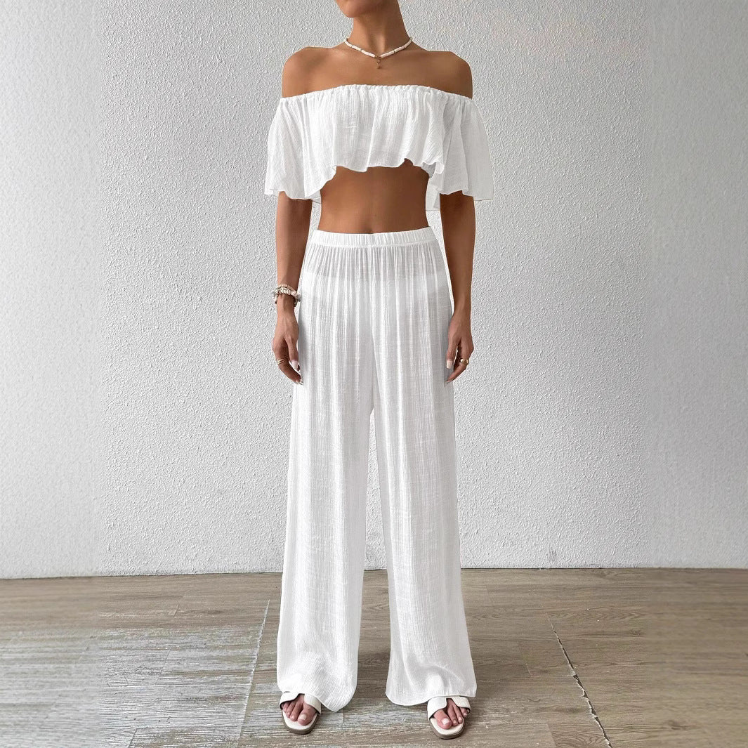 Dame luftig Palazzo-bukser med elastisk talje og off-shoulder bluse Stilla