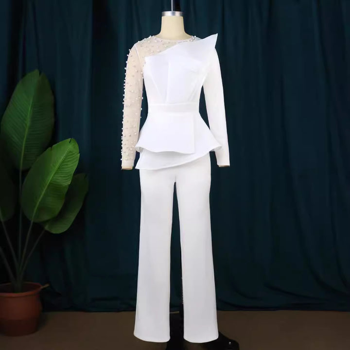 Damer Elegant Jumpsuit med gennemsigtige pufærmer og dyb V-udskæring Skovae