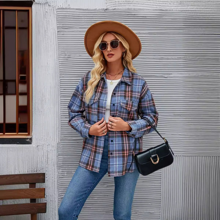 Dame flannel skjortejakke i afslappet ternet design med brystlommer Stilla