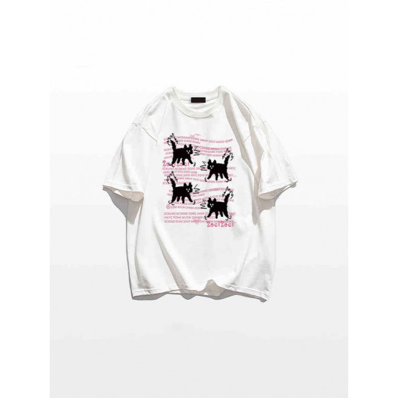 Dame T-shirt med kreativ katte-design og afslappet tekst Stilla