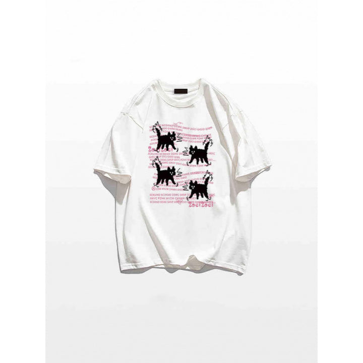Dame T-shirt med kreativ katte-design og afslappet tekst Stilla