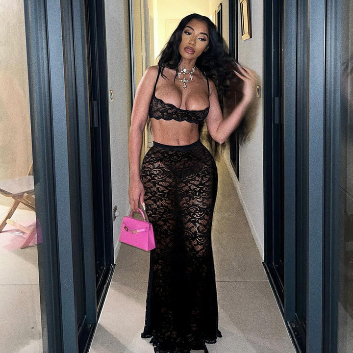 Dame Spids To-delt med Crop-Top og Maxi-Nederdel Stilla